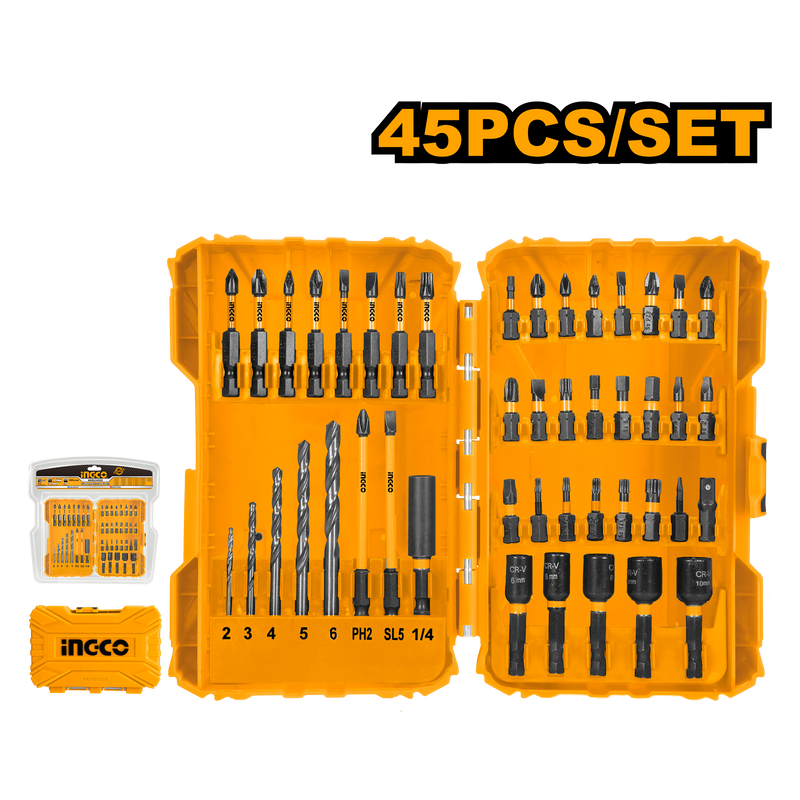 Ingco AKDL24502: 45-Piece Impact Screwdriver Bit Set - Comprehensive Kit for Efficient Fastening and Drilling
