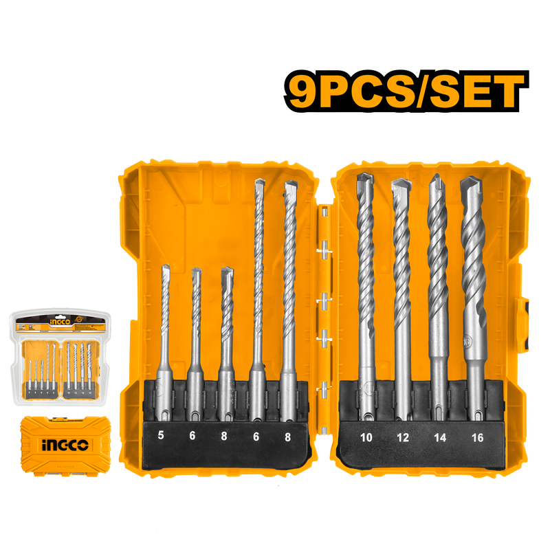 Ingco AKDL30901 9 Pcs SDS Plus Hammer Drill Bits Set - Sizes 5x110mm, 6x110mm, 8x110mm, 6x160mm, 8x160mm, 10x160mm, 12x160mm, 14x160mm, 16x160mm, Packed by Double Blister