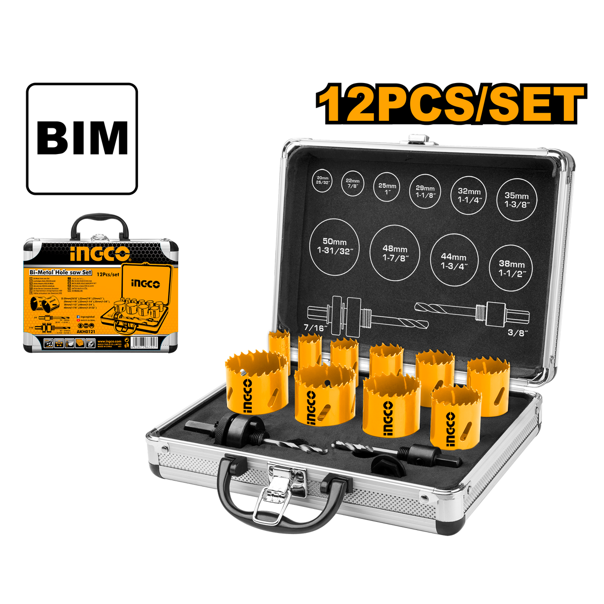 Ingco AKH0121: 12-Piece Bi-Metal Hole Saw Set - Precision Cutting in Various Sizes with Versatile Arbor Options