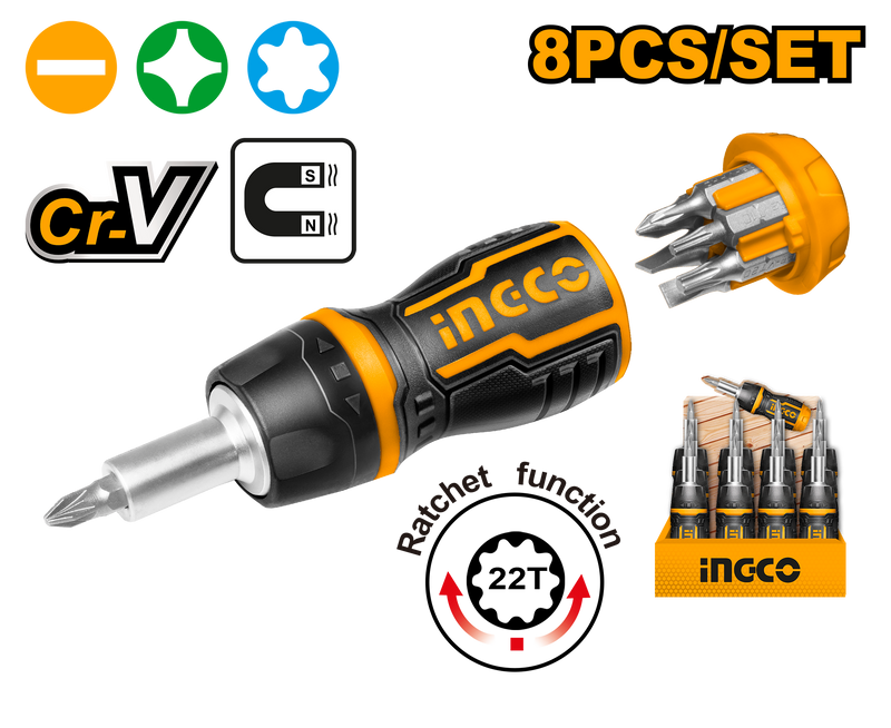 Ingco AKISDS1728 8-in-1 Stubby Ratchet Screwdriver Set - Cr-V Material, High-Quality Ratchet
