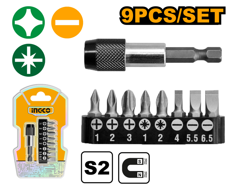 Ingco AKSD0071 9 Pcs Screwdriver Bits Set - PH1, PH2, PH3, SL4.0, SL5.5, SL6.5, PZ1, PZ2, S2 Industrial Steel, Magnetic, with Bit Holder