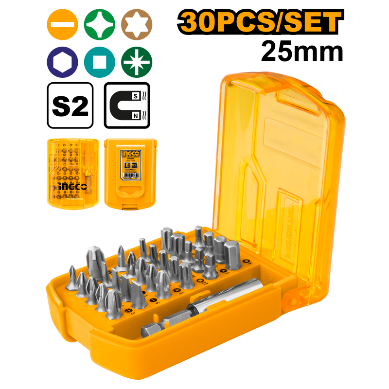 Ingco AKSD08301 30 Pcs Screwdriver Bits Set - Assorted 25mm Bits with Holder, Packed by Plastic Box