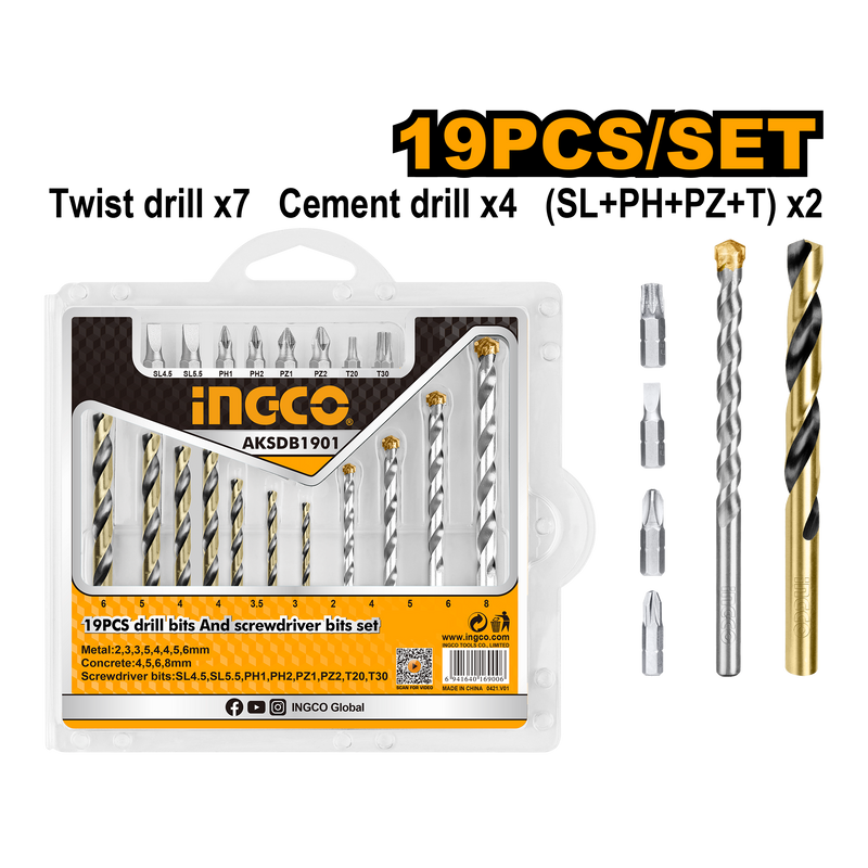 Ingco AKSDB1901 19 Pcs Drill Bits & Screwdriver Bits Set - 7 HSS Rolling Twist Drill Bits, 4 Masonry Drill Bits, 8 25mm Screwdriver Bits
