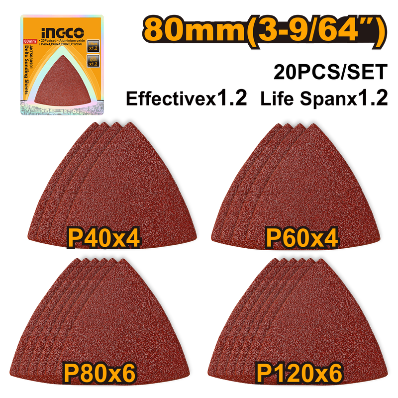 Ingco AKTS080201 Delta Sanding Sheets - 80mm, Aluminium Oxide, 20Pcs/Set