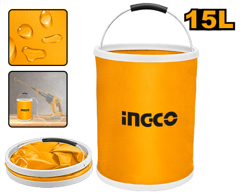 Ingco AMFB15 Folding Bucket - 15L Capacity, 250*320mm, Metal Handle, EVA Non-Slip Handle, 1200D Oxford with PVC Waterproof Coating, Suitable for a Temperature Range of 0°C to 65°C