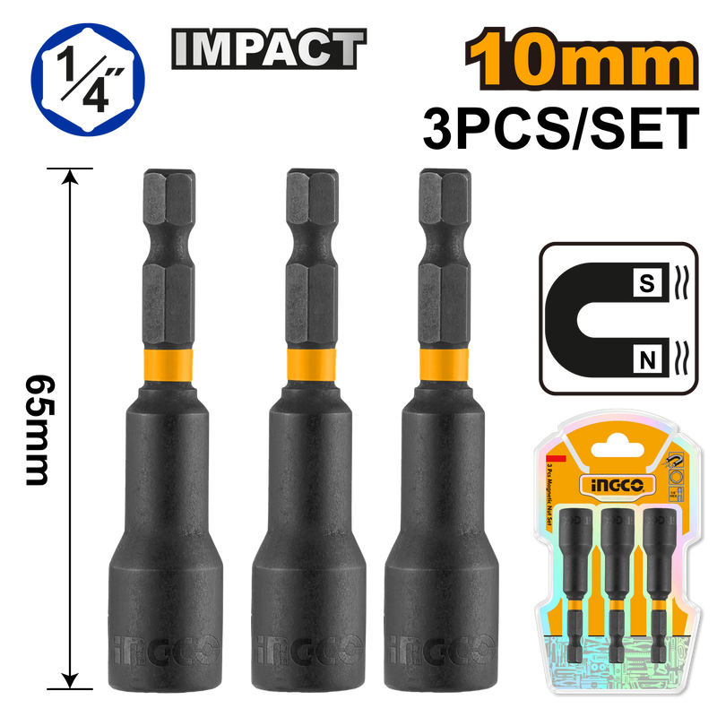 Ingco AMN1031 3 Pcs Impact Magnetic Nut Set - 10mm, 1/4" Hex Shank, 65mm Length, 50BV30 Material