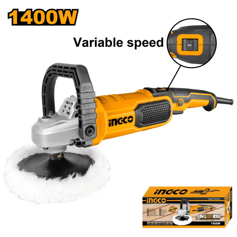 Ingco AP140016 Variable Speed Polisher - 1400W, 180mm Polishing Pad, D-handle, Hook & Loop Pad