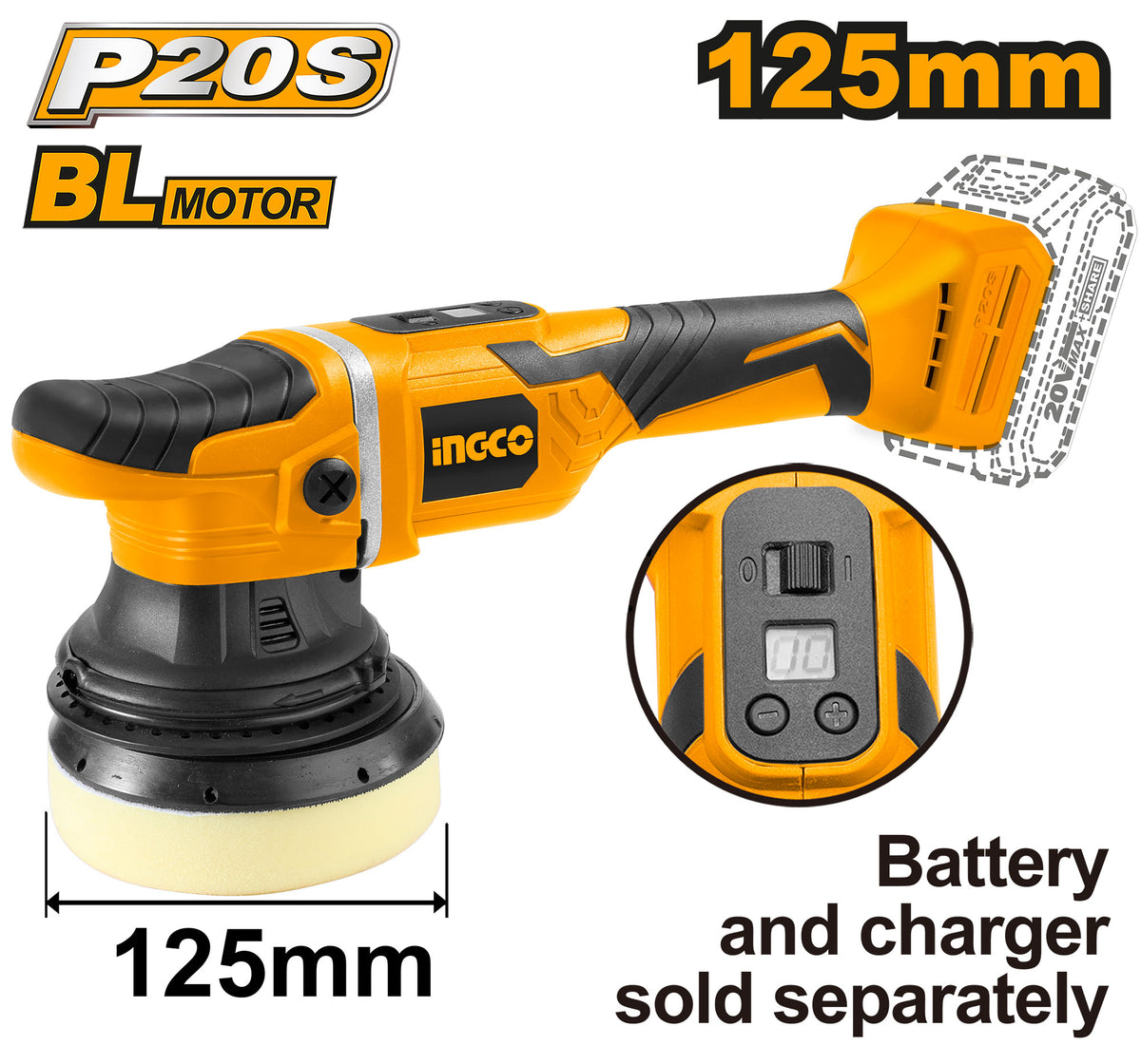 Ingco APLI2002 20V Lithium-Ion Polisher with Brushless Motor, Variable Speed Control, and Digital Display