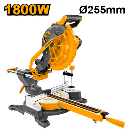 Ingco BM2S180017 Mitre Saw - 1800W, 220-240V, 5300rpm, 255mmx25.4mm Blade, 89mmx320mm Max Cutting Capacity, Mitre and Bevel Cuts, Dual Sliding Rails