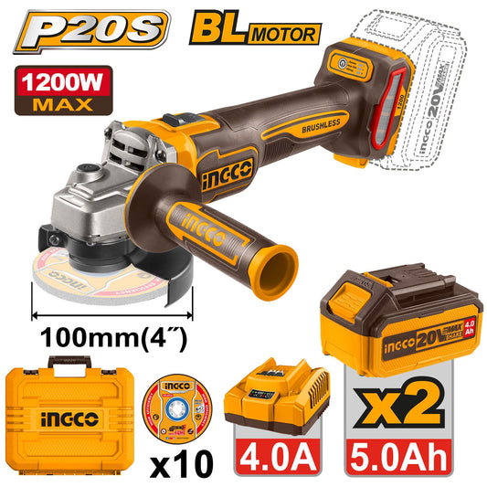 NGCO CAGLI2210032 20V Brushless Cordless Angle Grinder Kit | 1200W Power, 3-Speed Control, 5.0Ah Dual Batteries & 10 Cutting Discs