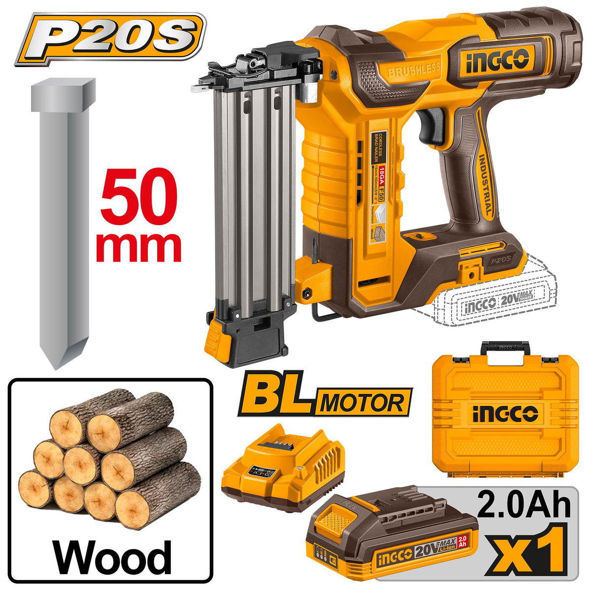 Ingco CBNLI5008 20V Cordless Brad Nailer with 105-Piece Capacity, Brushless Motor, and 1000 Brad Nails