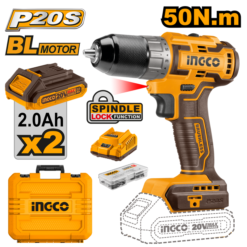 Ingco CDLI20508: 20V Brushless Cordless Drill with 50Nm Max Torque and 47 Accessories Kit