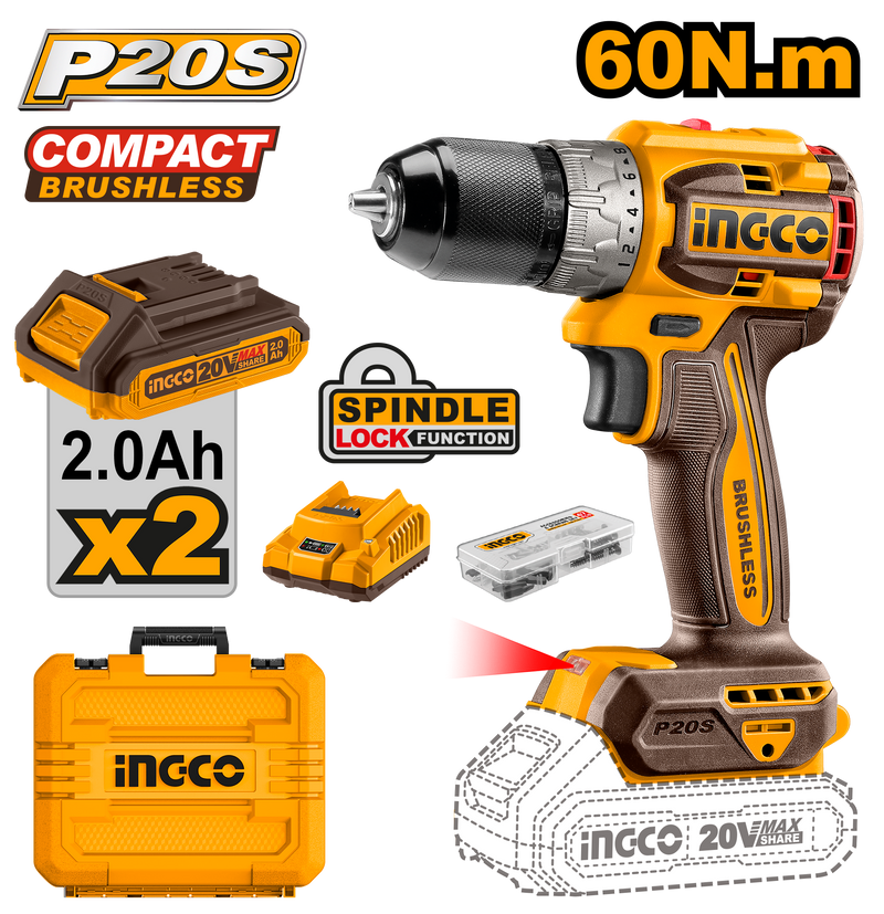 Ingco CDLI20602 Compact Brushless Cordless Drill - 20V, 60Nm Max Torque