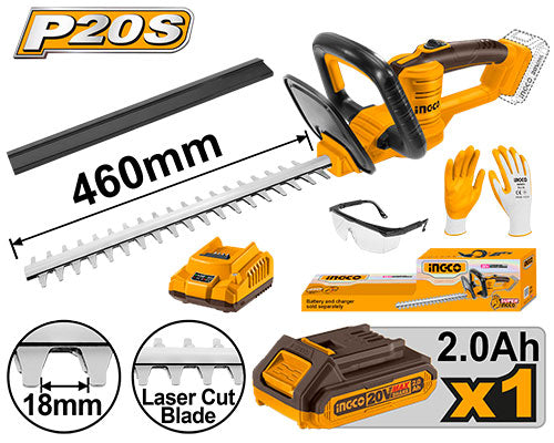 INGCO CHTLI20461 20V Lithium-ion Hedge Trimmer - 2800spm Speed, 460mm Blade Cutting