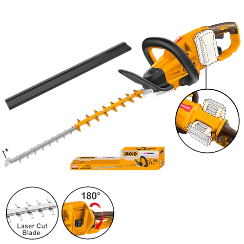 Ingco CHTLI40028 40V Lithium-Ion Hedge Trimmer with Brushless Motor and 650mm Blade Cutting Length