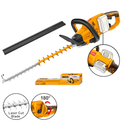 Ingco CHTLI40028 40V Lithium-Ion Hedge Trimmer with Brushless Motor and 650mm Blade Cutting Length