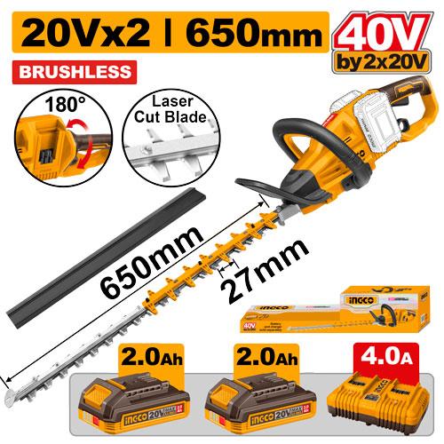 Ingco Cordless Hedge Trimmer CHTLI400282 - 40V (20V+20V), Blade Cutting Length 650mm