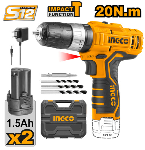 Ingco CIDLI12201 12V Lithium-ion Impact Drill with 2x 1.5Ah Batteries
