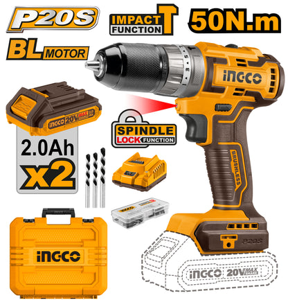 Ingco CIDLI20508 20V Lithium-Ion Brushless Impact Drill with 50Nm Max Torque and Auto-Lock Keyless Chuck