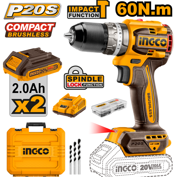 Ingco CIDLI20602 Compact Brushless Cordless Impact Drill 20V 60Nm M Rajeshwari Enterprises