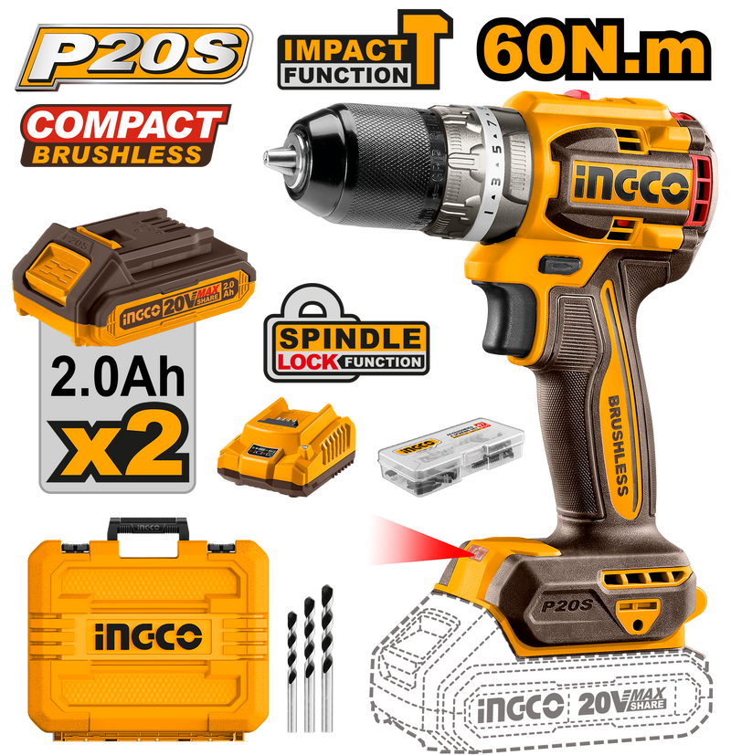 Ingco CIDLI20602 Compact Brushless Cordless Impact Drill 20V 60Nm M Rajeshwari Enterprises