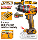 INGCO CIDLI206681 20V Lithium-Ion Compact Brushless Cordless Impact Drill (66Nm) - Industrial Grade