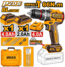 INGCO CIDLI208682 20V Lithium-Ion Brushless Cordless Impact Drill Kit (86Nm) with 2x 4.0Ah Batteries