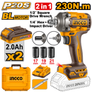 INGCO CIWLI20236 20V Lithium-Ion Brushless 2-in-1 Cordless Impact Driver & Wrench (230Nm) - Multi-Function Industrial Tool