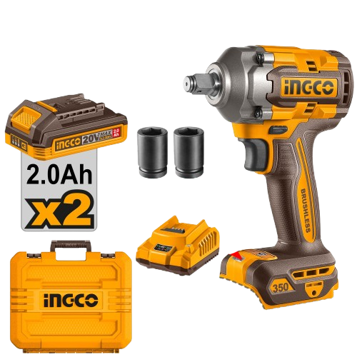 Ingco CIWLI2035 20V Cordless Impact Wrench - Brushless Motor, 350Nm Torque, LED Light, Dual Battery Pack