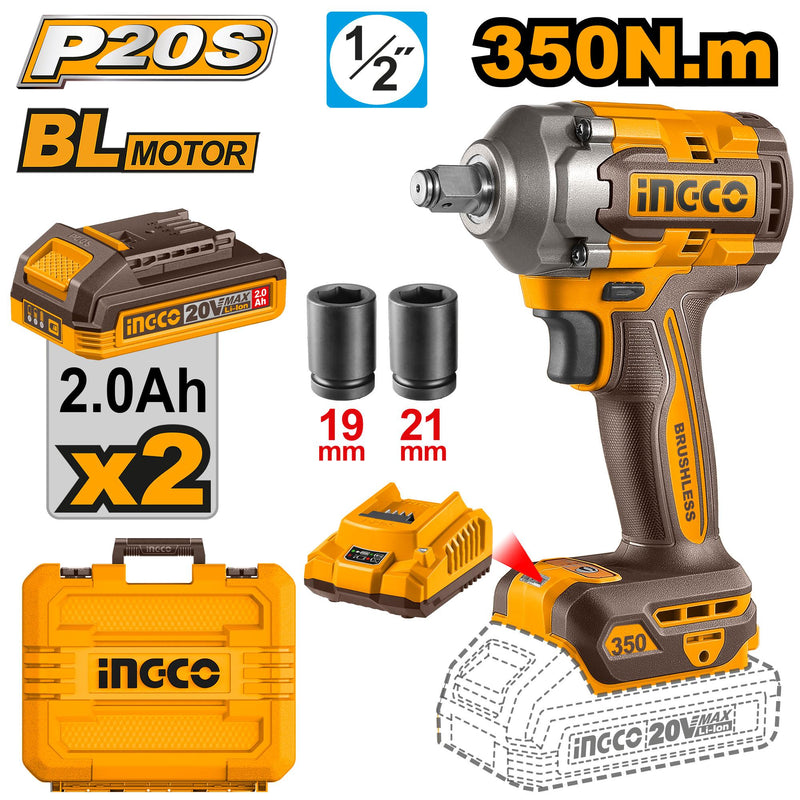 Ingco CIWLI2035 20V Cordless Impact Wrench - Brushless Motor, 350Nm Torque, LED Light, Dual Battery Pack