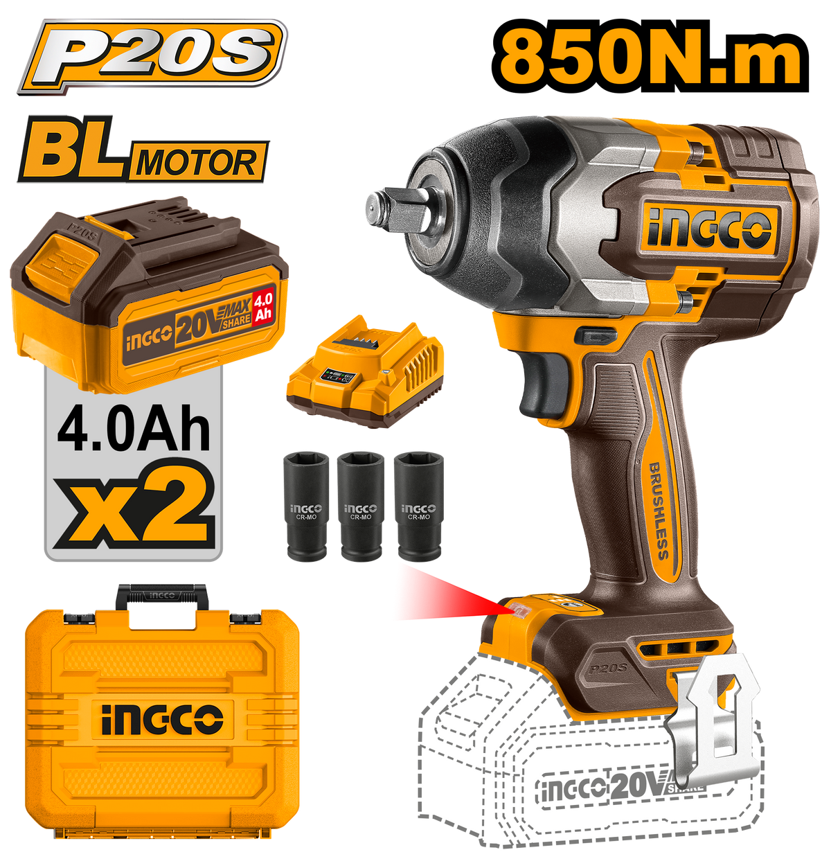 Ingco CIWLI2085 Cordless Impact Wrench - 20V, 850Nm Torque