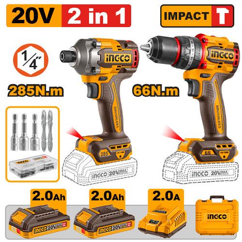 Ingco Cordless 2 Pcs Combo Kit CKLI20277 - 20V, Chuck Capacity 13mm