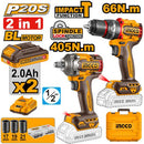 INGCO CKLI20286 20V Lithium-Ion Brushless 2-Pcs Combo Kit (66Nm Impact Drill & 555Nm Impact Wrench)