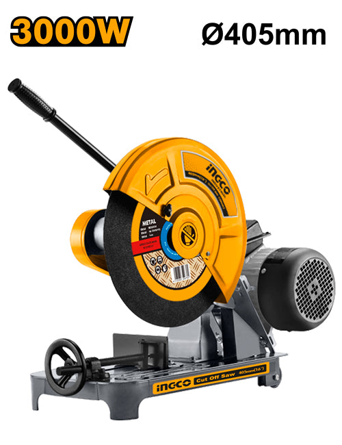 Ingco COS4052 Cut Off Saw - 380V~50Hz, 3.0KW (4HP), 405mm Blade, Max Cutting Capacity: Steel Tube 135mm x 6mm, Angle Iron 100mm x 10mm, Channel Steel 126mm x 53mm, Steel Bar 50mm, Tongs Rotary Angle 0°-45°, Includes 1x Abrasive Cutting Disc