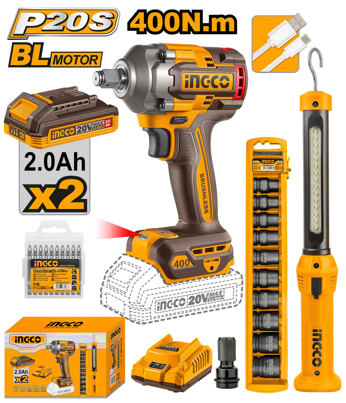 Ingco COSLI23048 Cordless Combo Kit - Impact Wrench & Work Lamp, 400Nm Torque, LED Light, Dual Battery Pack
