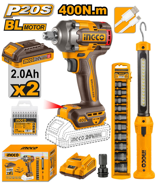 Ingco COSLI23048 Cordless Combo Kit - Impact Wrench & Work Lamp, 400Nm Torque, LED Light, Dual Battery Pack