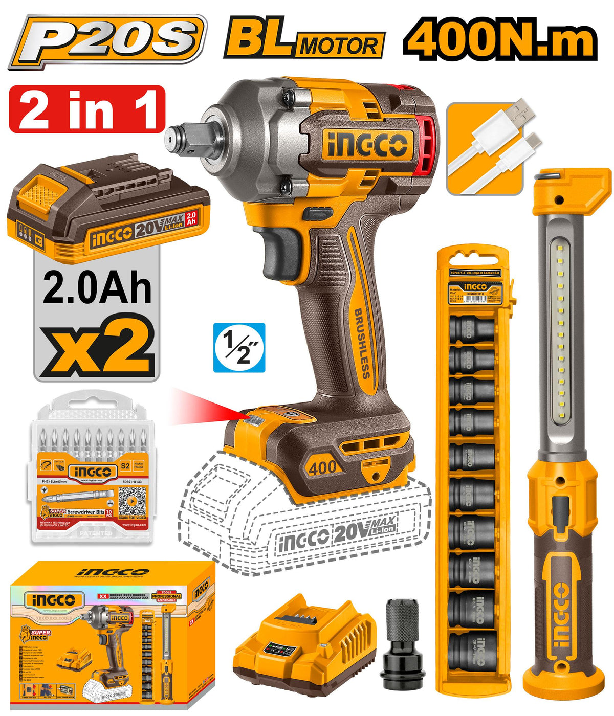 Ingco 20V Cordless Impact Wrench Combo Kit 400Nm (550Nm Breakaway) with Work Lamp, Brushless Motor, 1/2" Drive, Socket Set – COSLI23048