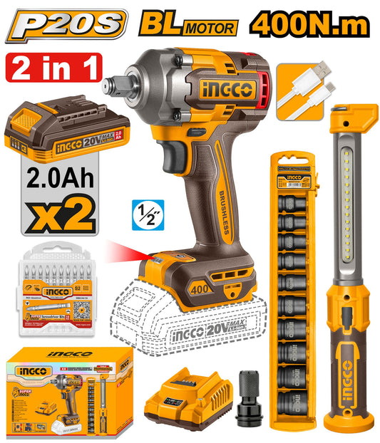 Ingco 20V Cordless Impact Wrench Combo Kit 400Nm (550Nm Breakaway) with Work Lamp, Brushless Motor, 1/2" Drive, Socket Set – COSLI23048