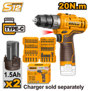 Ingco COSLI24011 12V Cordless Drill with 2-Speed Gear, 50-Piece Screwdriver Bit Set, and Dual 1.5Ah Batteries