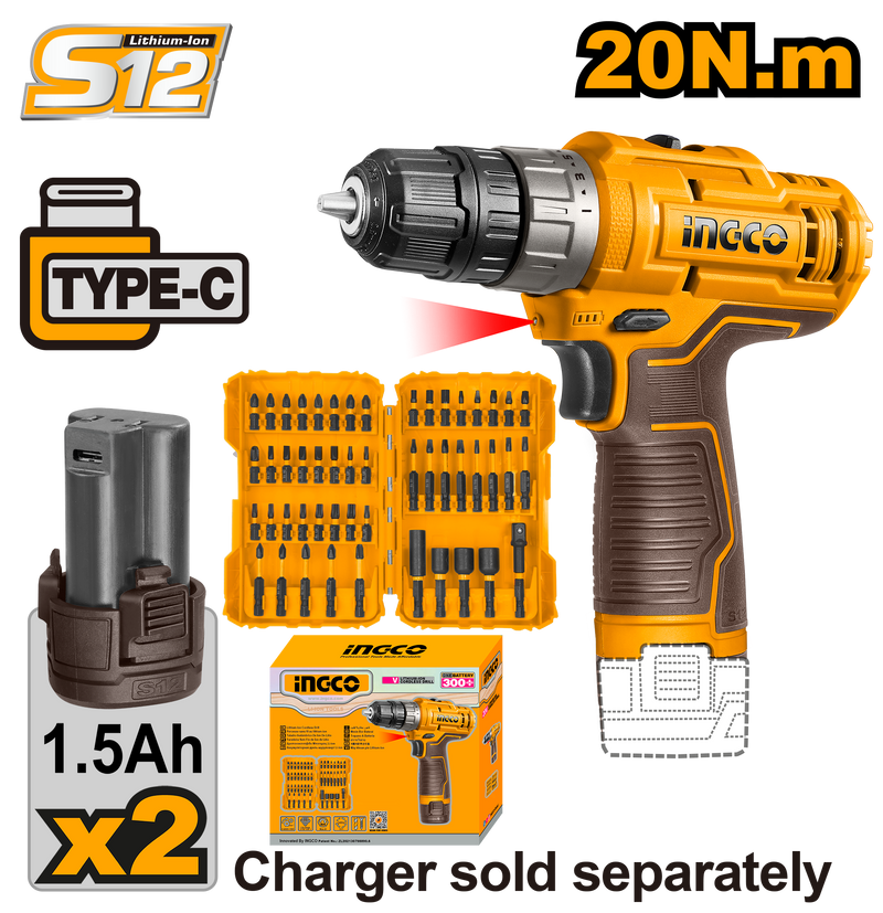 Ingco COSLI24011 12V Cordless Drill with 2-Speed Gear, 50-Piece Screwdriver Bit Set, and Dual 1.5Ah Batteries