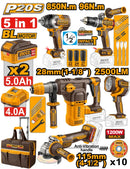 INGCO COSLI251193 20V 5-Pcs Brushless Cordless Industrial Combo Kit (850Nm Wrench, 96Nm Drill & More)
