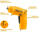 Ingco 4V Lithium-Ion Cordless Screwdriver CSDLI0402 - 240rpm No-Load Speed, 4N.m Max Torque, Integrated Work Light