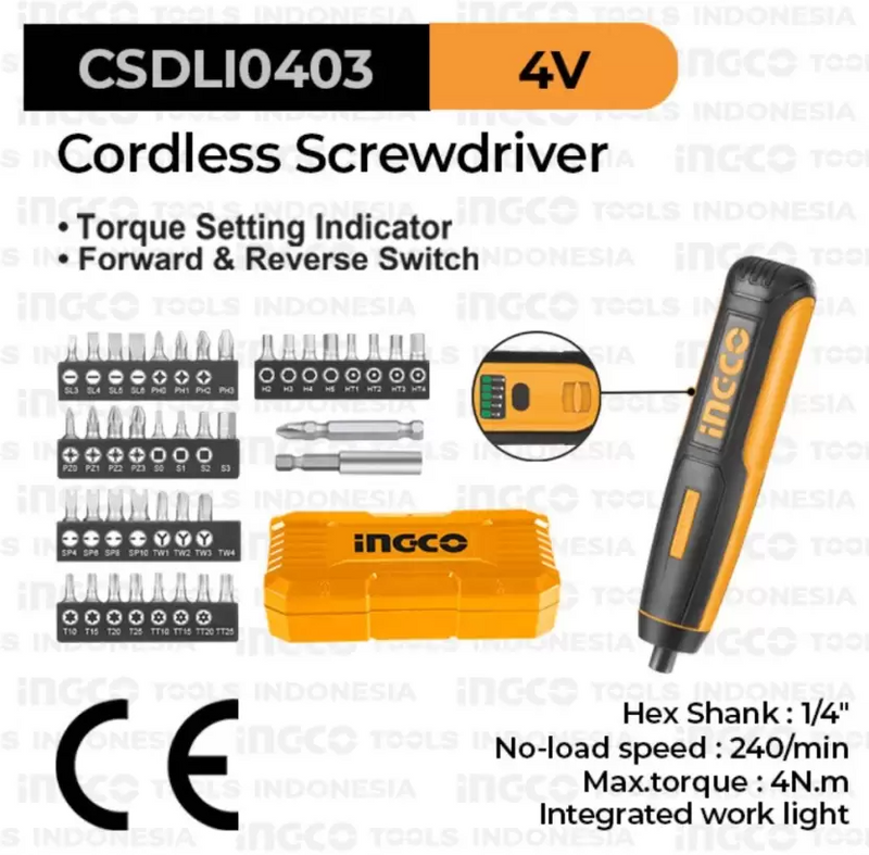 Ingco 4V Lithium-Ion Cordless Screwdriver CSDLI0403 - High Torque, Comprehensive Bit Set