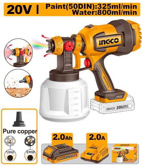 Ingco Cordless Spray Gun CSGLI20042 - 20V, Container Capacity 1000ml