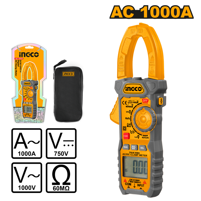 Ingco DCM100014 Digital AC Clamp Meter - 6000 Counts, LCD with Backlight