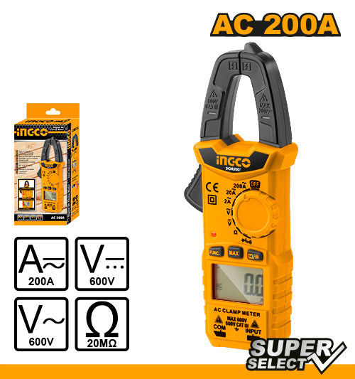 Ingco Digital AC Clamp Meter DCM2001 - 2000 Counts, AC/DC Voltage and Current, Resistance, Diode Test, Data Hold