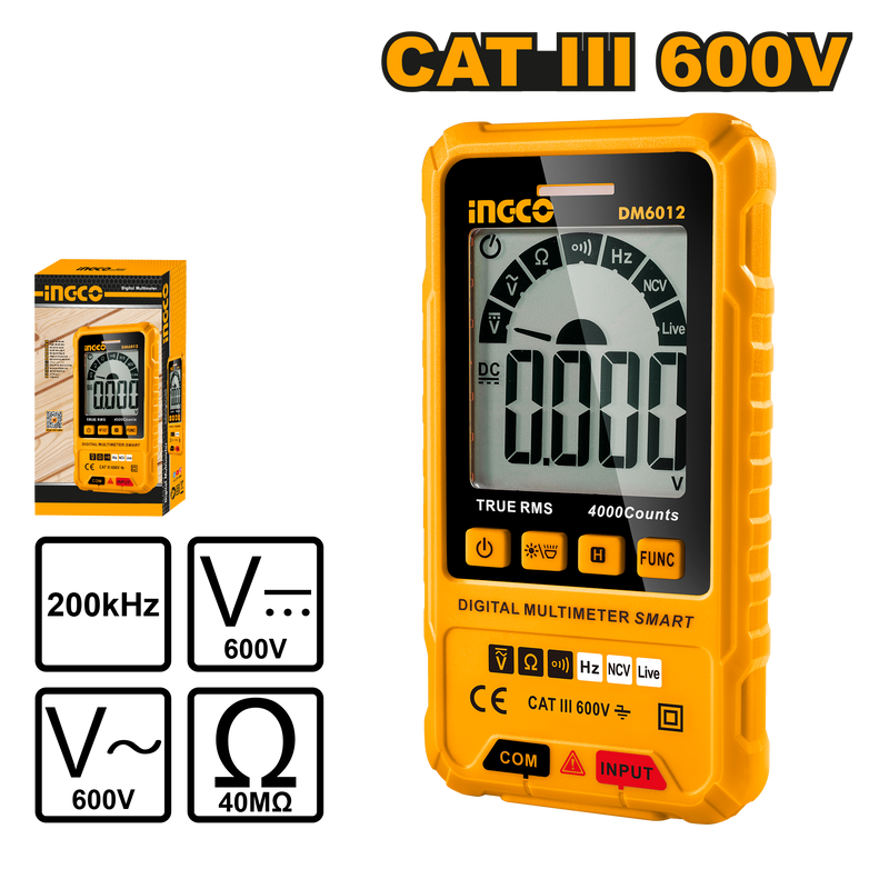Ingco DM6012 True RMS Digital Multimeter - 4000 Counts, Voltage, Resistance, Frequency, NCV