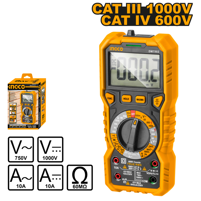Ingco Multimeter True Rms Ingco DM7502 True RMS Digital Multimeter - 6000 Counts, Non-Contact Vo ...