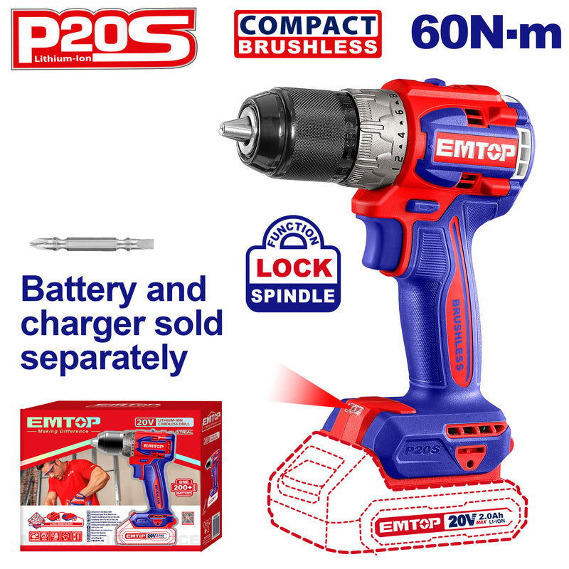 Emtop ECDL206021 Compact Brushless Cordless Drill | 20V, 60Nm Torque, Metal Chuck