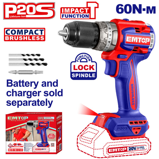 Emtop ECIDL206021 Compact Brushless Cordless Impact Drill | 20V, 60Nm Torque, 30,000 BPM
